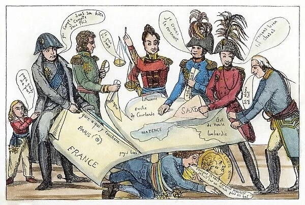 Napoleon I, returned from Elba, cuts France from the map that, from left, Joseph Bonaparte, Klemens von Metternich, Czar Alexander I, a Prussian delegate, and George III divide, while Prince Charles Maurice de Talleyrand hides. French broadsheet cartoon, Spring 1815
