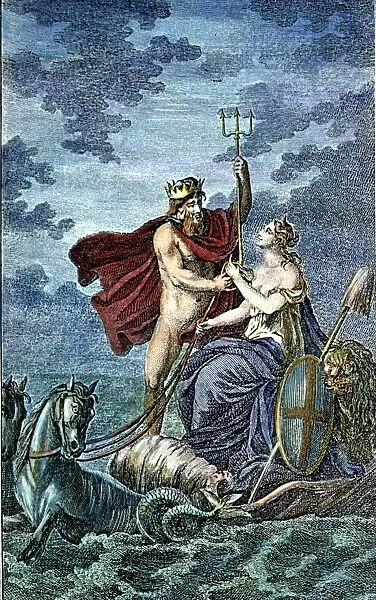 NEPTUNE, ROMAN GOD OF SEA resigning the reins of his seahorse-drawn chariot to Britannia: English engraving, 18th century