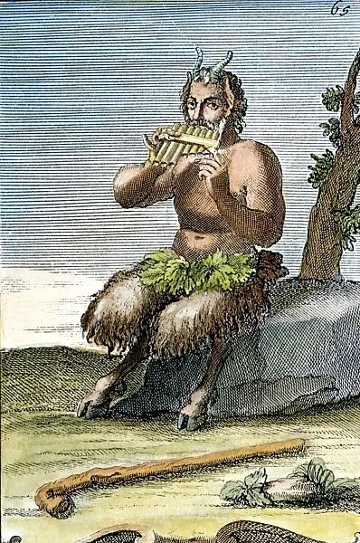 PAN, THE NATURE-GOD playing his pipes. Copper engraving, 1723, by Arnold van Westerhout