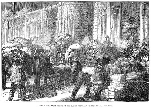 PARIS: LES HALLES, 1870. Flour stores in Les Halles in Paris, France. Wood engraving, 1870