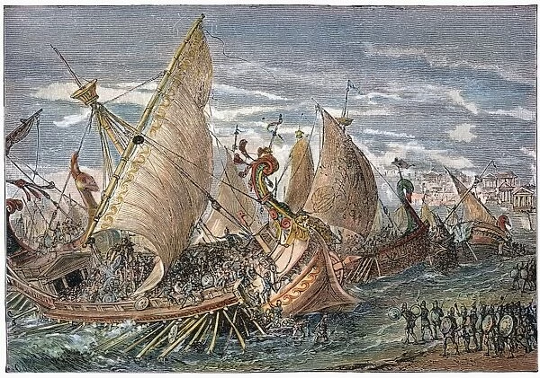 PELOPONNESIAN WAR. The naval battle in the harbor of Syracuse: wood engraving, 19th century