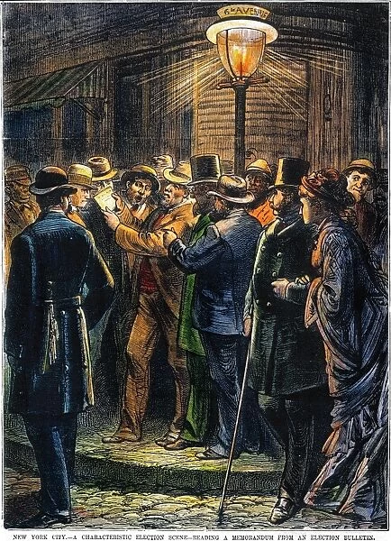Reading an election bulletin by gaslight in New York City on presidential election night in 1876: contemporary colored engraving