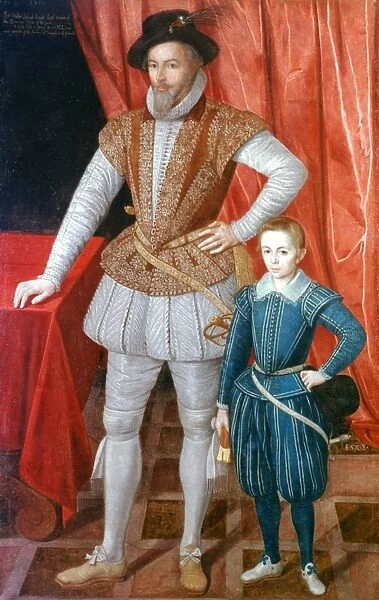 SIR WALTER RALEIGH (1552-1618). English adventurer, courtier, and writer. Raleigh with his son