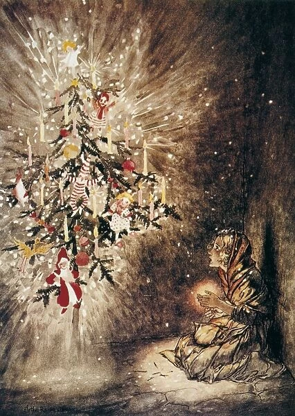 She was sitting under the loveliest Christmas tree. Drawing, 1932, by Arthur Rackham for the fairy tale by Hans Christian Andersen