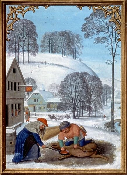 SLAUGHTERING A PIG, c1515. The month of December: illumination from a Flemish Book of Hours