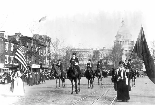 SUFFRAGETTES, 1913. Writer, socialite, and R. M. S. Titanic survivor Helen Churchill Hungerford Candee on horseback at the head of the womens suffrage parade at Washington, D. C. 3 March 1913