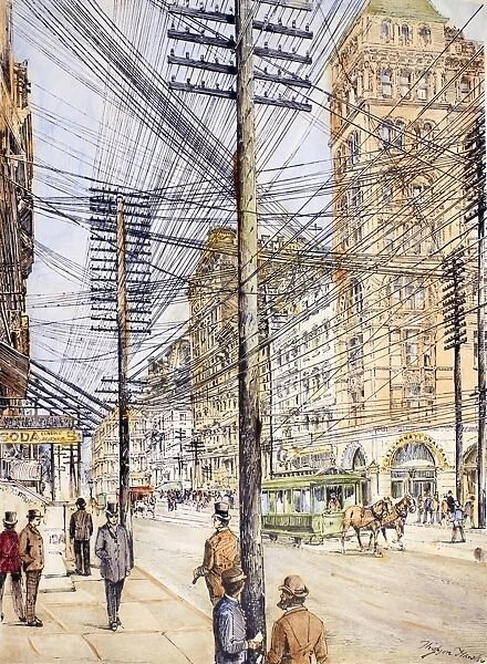 TELEGRAPHY, 1889. Disorderly telegraph wires on lower Broadway, New York City. Wood engraving, American, 1889