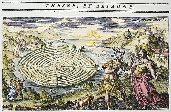 THESEUS & ARIADNE. Theseus obtaining from Ariadne the thread by which he escaped from the labyrinth after slaying the Minotaur: colored engraving, 17th century