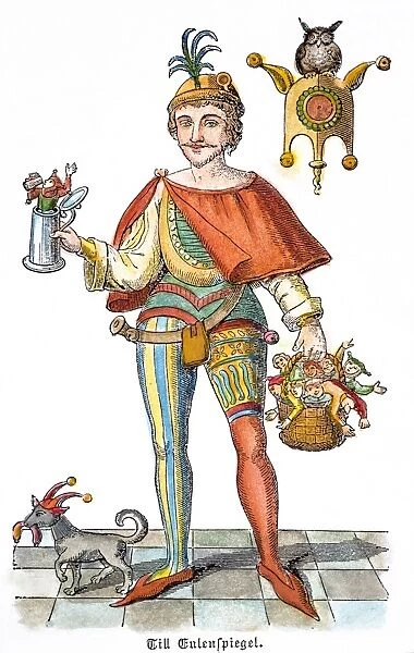 TILL EULENSPIEGEL (d. 1350). German traditional figure. Line engraving, 19th century, after the carving on his tombstone in M├Âlln, Germany