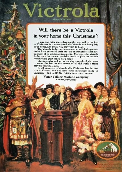 VICTROLA ADVERTISEMENT featuring Enrico Caruso as Rhadames in Verdis Aida (extreme left) and Nellie Melba (second from right), from an American magazine of 1920
