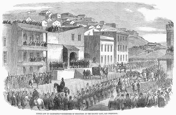VIGILANCE COMMITTEE, 1856. The surrender of two prisoners to a vigilance committee in San Francisco. Contemporary wood engraving, 1856