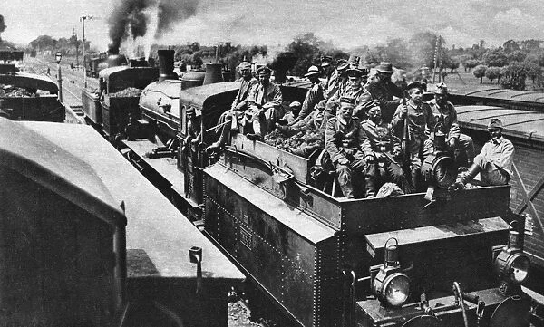WORLD WAR I: GERMAN TROOPS. German and Austrian troops traveling by train during World War I