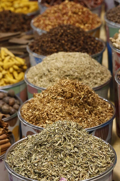 Arabian spices on display in a shop in the spice souk in Deira. Dubai. United Arab Emirates