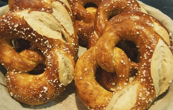Basket of baked pretzels, close up