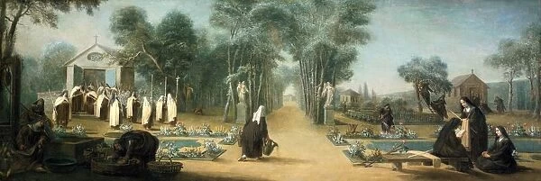 Carmelites in the Garden. 18th century painting. Nuns at work weeding and watering garden beds