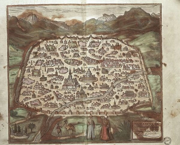 The city of Damascus from Civitates Orbis Terrarum by Georg Braun, 1541-1622 and Franz Hogenberg, 1540-1590, engraving