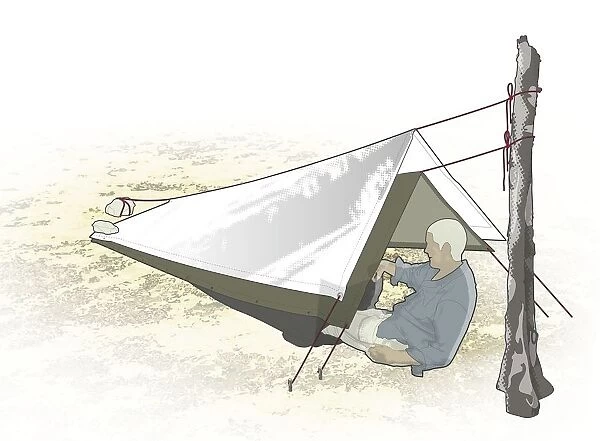 Digital composite illustration of man sitting below quick shelter constructed of poncho and shelter sheet tied to tree trunk with rope