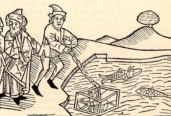 Diving bell supposed to have been used by Alexander the Great (356-323 BC). Woodcut
