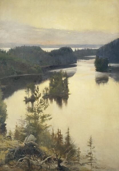 Finland, Helsinki, oil on canvas, landscape painting of Kaukola Ridge at sunset