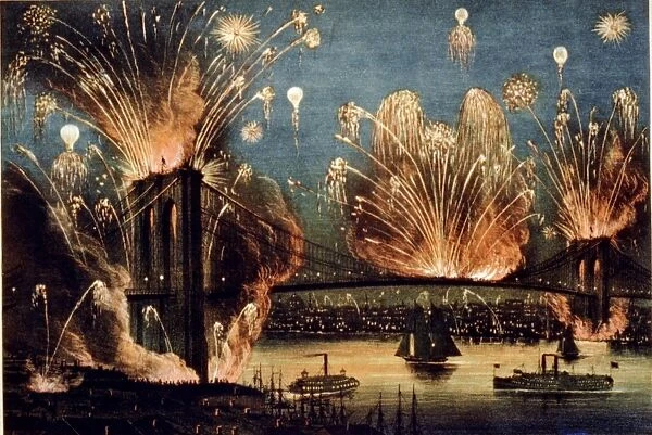Firework display celebrating the opening of the Brooklyn Suspension, New York, USA, 24 May 1883