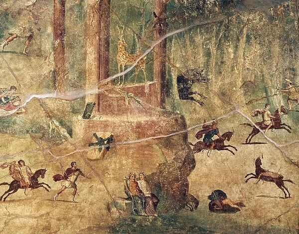 Fresco depicting hunt scene from Ercolano, ancient Herculaneum, Campania Region, Italy
