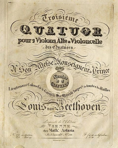 Frontispiece of Third quartet for violin and cello, Op. 130, dedicated to Prince Galitzin