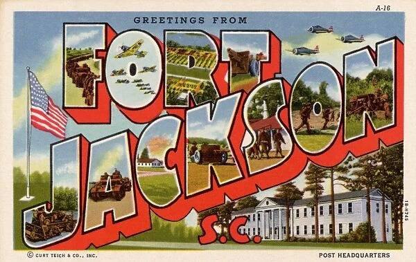 Greeting Card from Fort Jackson. ca. 1941, Near Columbia, South Carolina, USA, POST HEADQUARTERS. FORT JACKSON-is located six miles from Columbia, S. C. Its spacious grounds, and ideal location, has tended to make this Camp become known as one of the leading Army training posts in the country