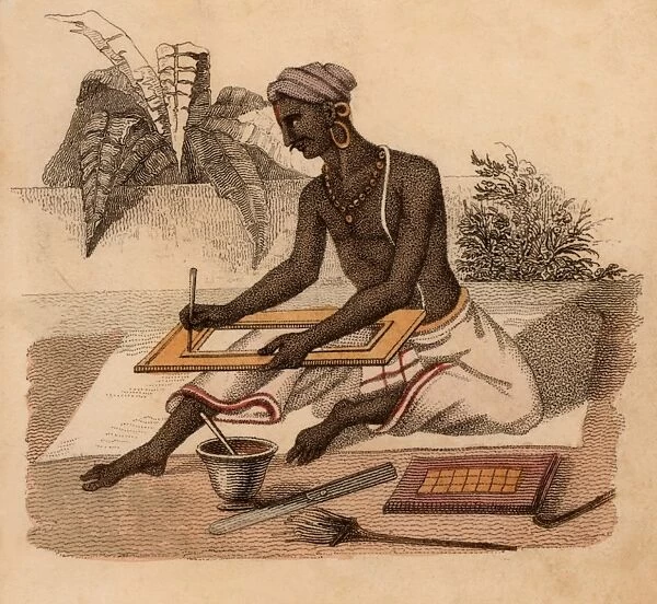 Indian gilder applying gold leaf to a frame. Before gold leaf was burnished on, size
