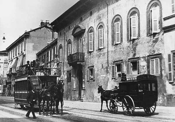 Italy, Milan, The Horse-drawn tram line between Milan and Monza Course in Corso Venezia, Circa 1880