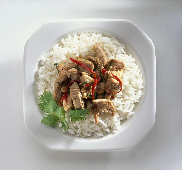 Lemon Grass Pork (Moo Paht Tak Rai) served with white rice on plate