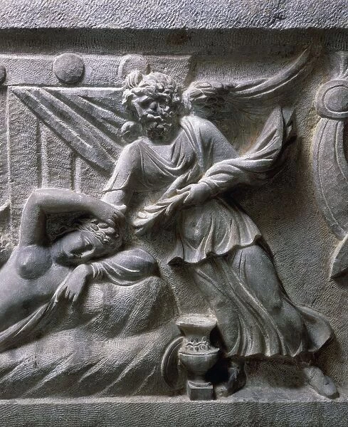 Marble sarcophagus with relief depicting life of Ariadne at Naxos, detail of Ariadne asleep, protected by Hypnos, god of sleep, from Alexandria