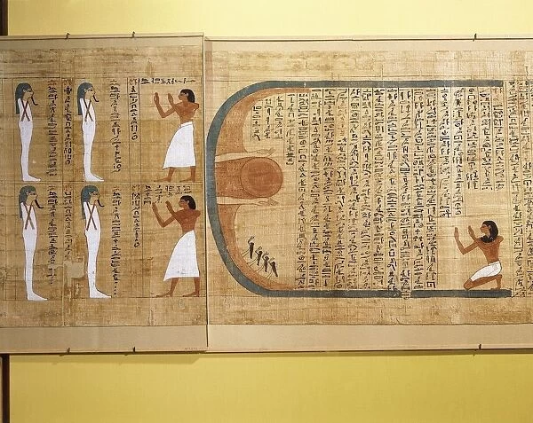 Mythological papyrus of Imenemsauf, Chief bearer of Amon. Detail: the deceased paying homage to the sun; four deities, squires of Amon