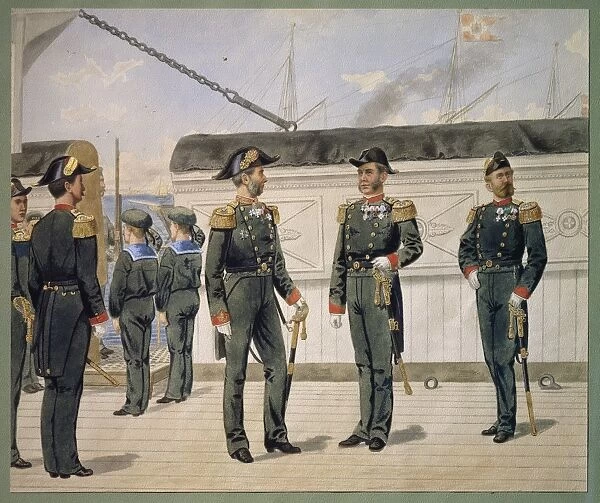 Officers of the Danish Navy in dress uniform. Watercolor by Gustav Brock, 1880