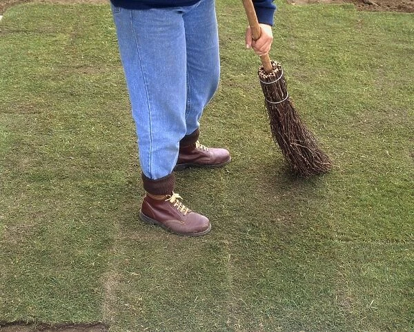 Person sweeping sandy loam into lawn using a besom