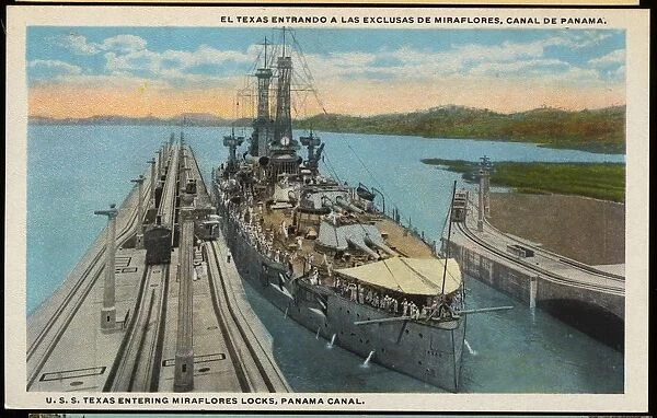 Postcard of Uss Texas Entering Panama Canal. Ca. 1919, El Texas Entrando a Las Exclusas De Miraflores, Canal De Panama. U. s. s. Texas Entering Miraflores Locks, Panama Canal