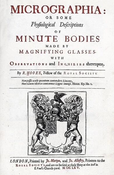 Robert Hooke (1635 - 1703) English scientist. Title page of a 1745 edition of his work Micrographia