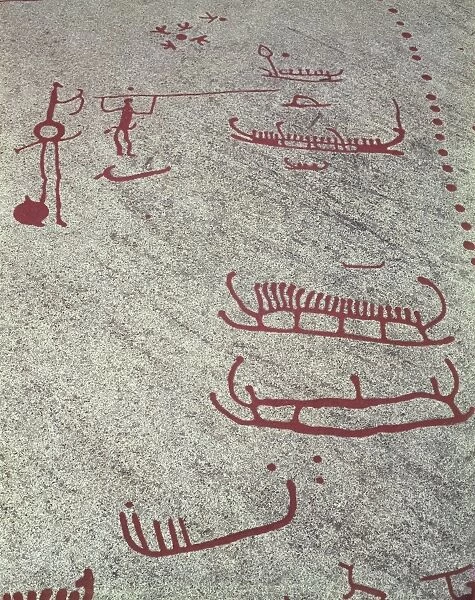 Rock carvings of Tanum or Tanumshede, detail of rock paintings depicting boats with people aboard