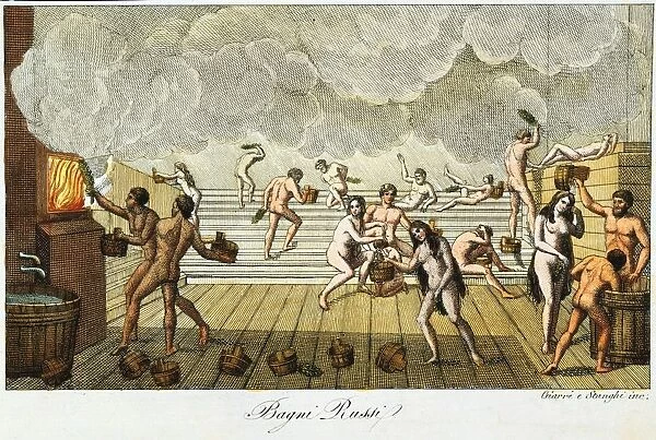 Sauna (Russian) bath. From an early 19th century hand-coloured copperplate print