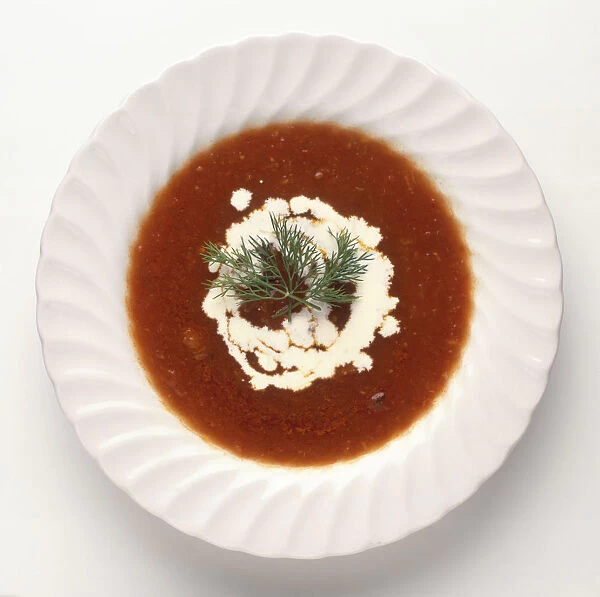 Solyanka, a traditional Russian, tomato-based soup with sour cream and dill garnish, view from above