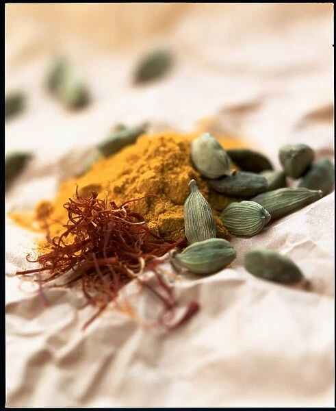 Spices, curry powder, saffron strands and cardamom pods