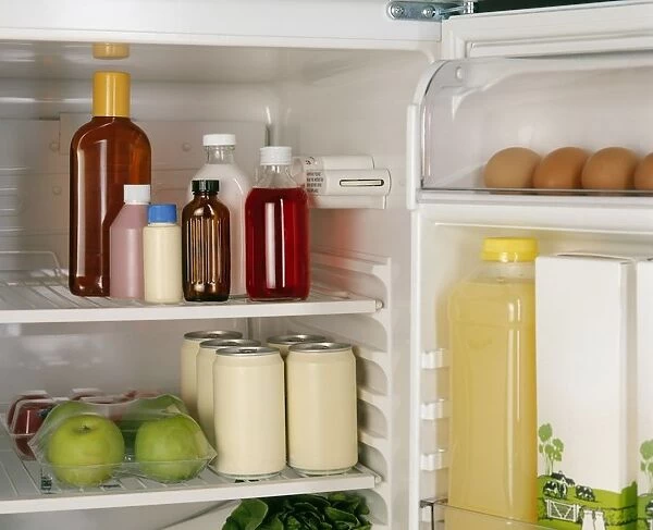 Various foodstuffs and medication kept in refrigerator