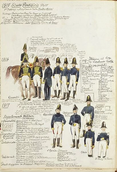 Various uniforms of the Papal States, 1816-1817. Color plate by Cenni Quinto