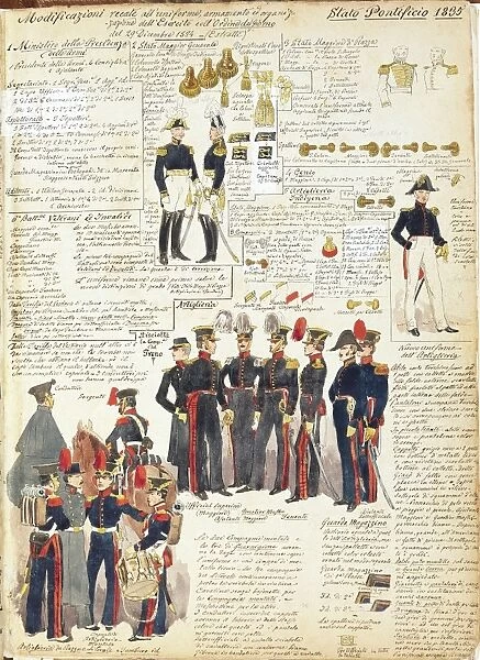 Various uniforms of the Papal States from 1835. Color plate by Cenni Quinto