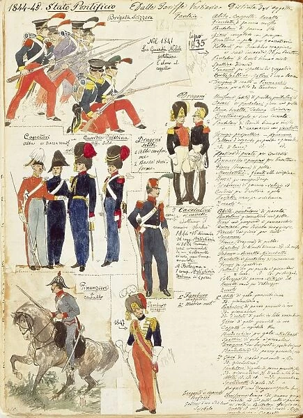 Various uniforms of the Papal States, 1844-1845. Color plate by Cenni Quinto