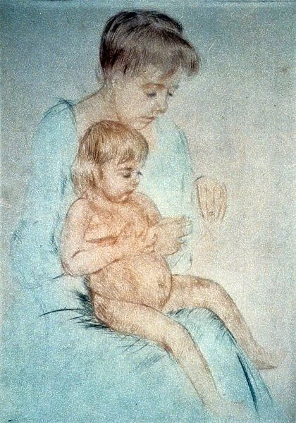 Woman holding small nude child on lap while manicuring her fingernails, c1904. Pastel