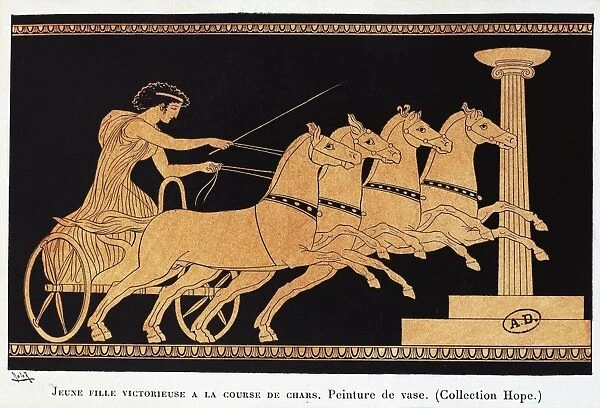 Young woman winning the chariot race, drawing from vase, red-figure pottery, illustration