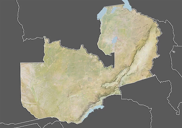 Zambia, Relief Map With Border and Mask