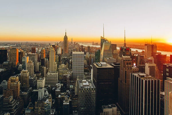 Aerial view of Manhattan at sunset, New York City, USA