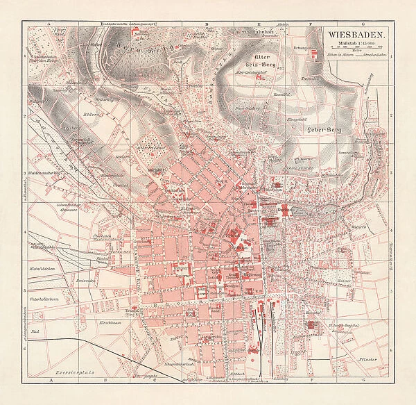City map of Wiesbaden, Hesse, Germany, lithograph, published in 1897