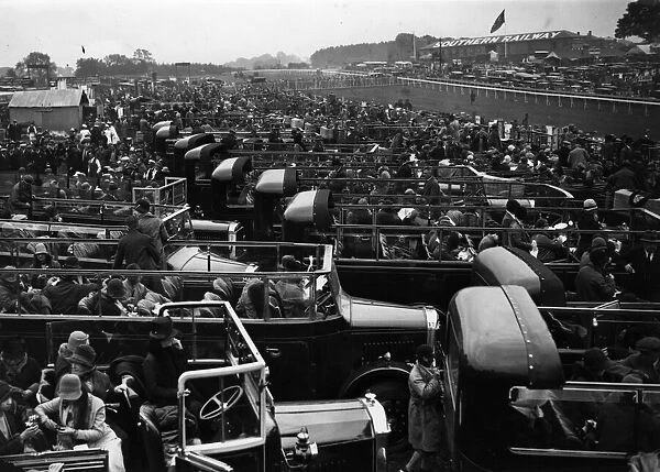 Derby Jam. 1929: A view of Tattenham Corner at the Epsom Derby, with densely packed cars